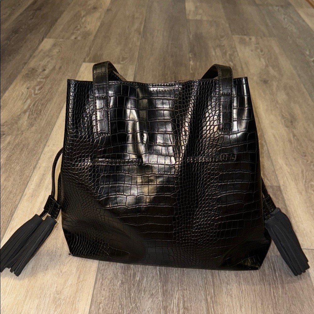 Anthropologie Black Croc-Embossed Tote with Tassels
